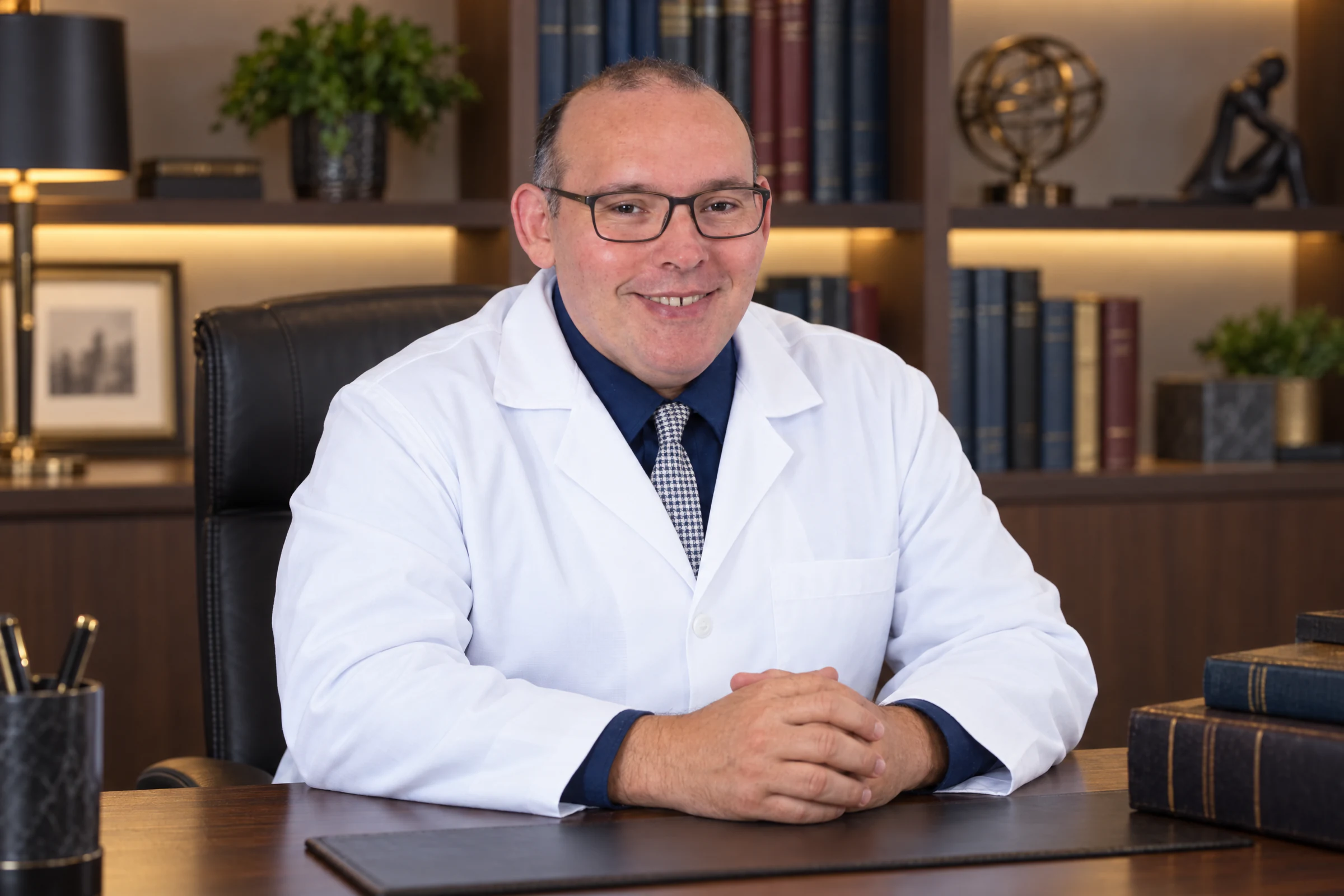 Dr. Avelino Júnior sentado à mesa do consultório, de óculos e jaleco